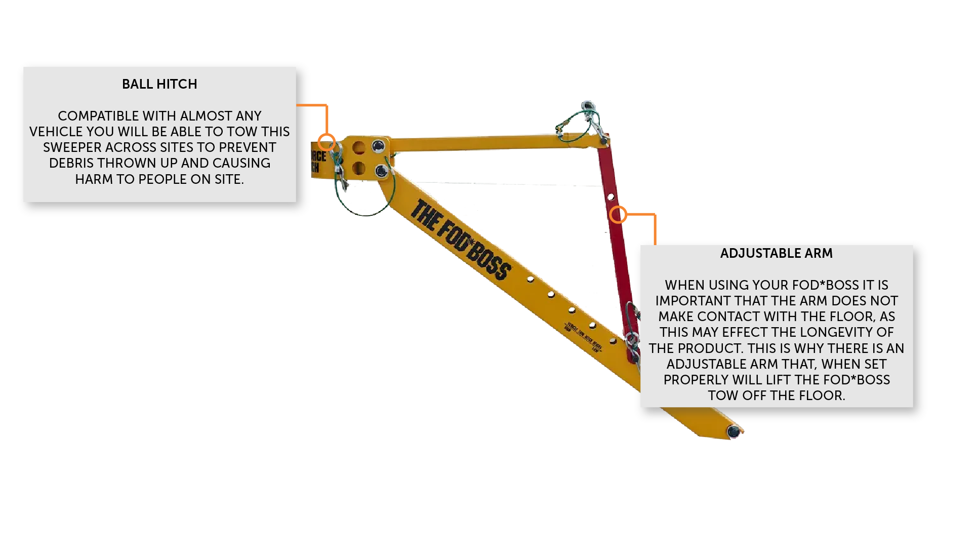 Yellow tow arm that says "the FOD*BOSS" across it, with annotations on it for important information
