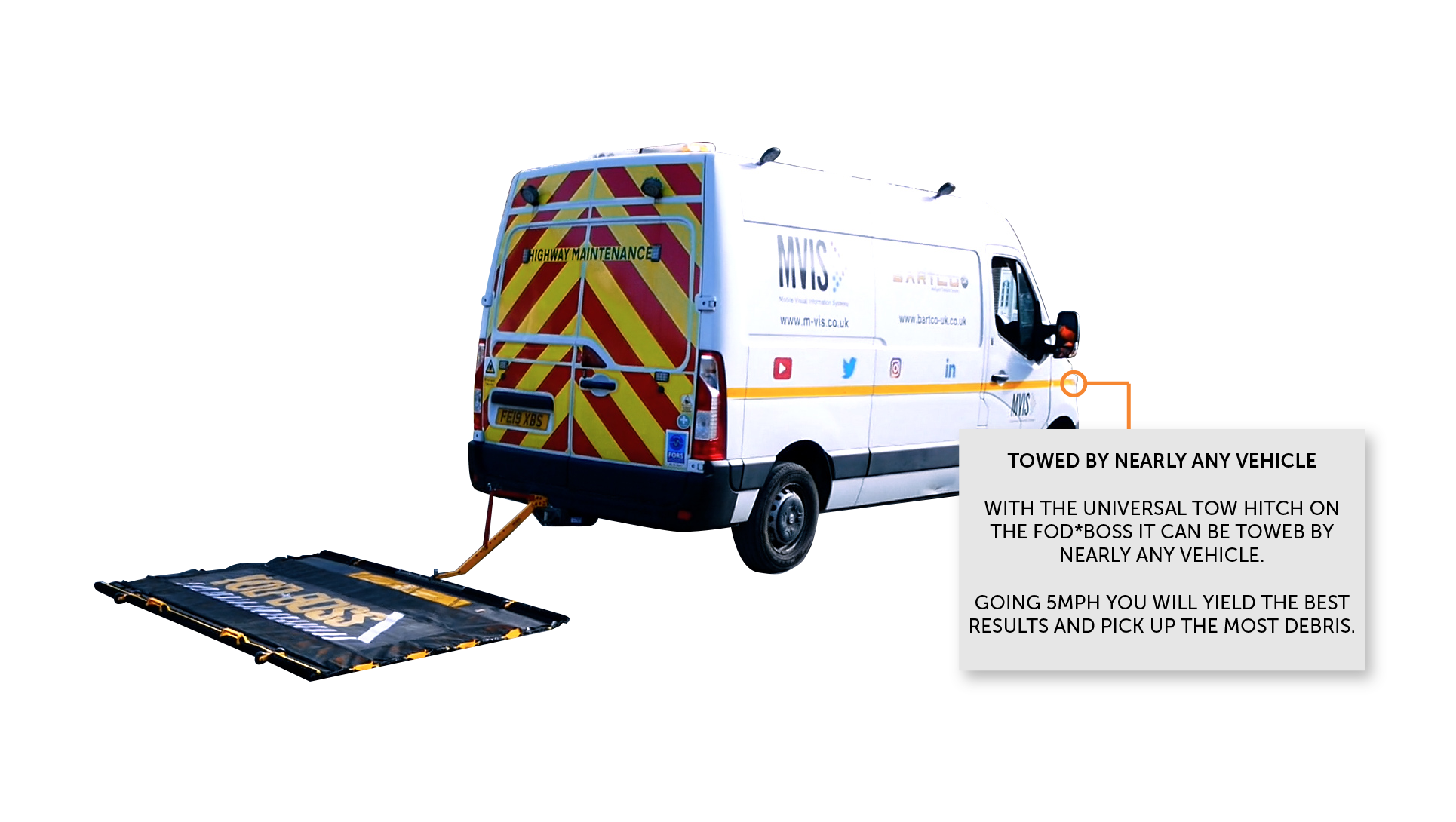 Van with MVIS on the side connected to a road sweep with the word "FOD*BOSS" on it.