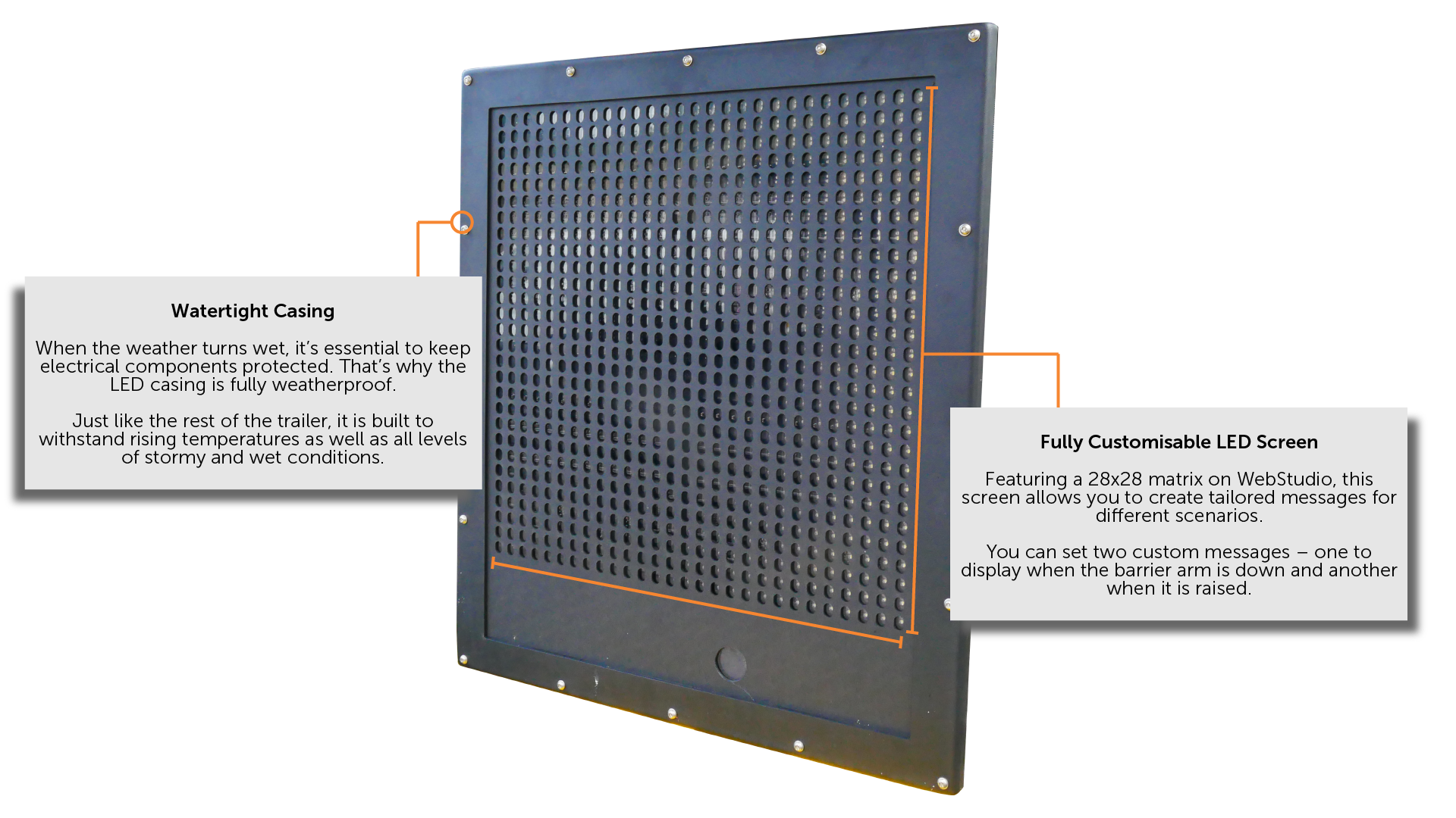 VMS Barrier Screen detailing its weatherproof nature and the fully customisable 28x28 matrix