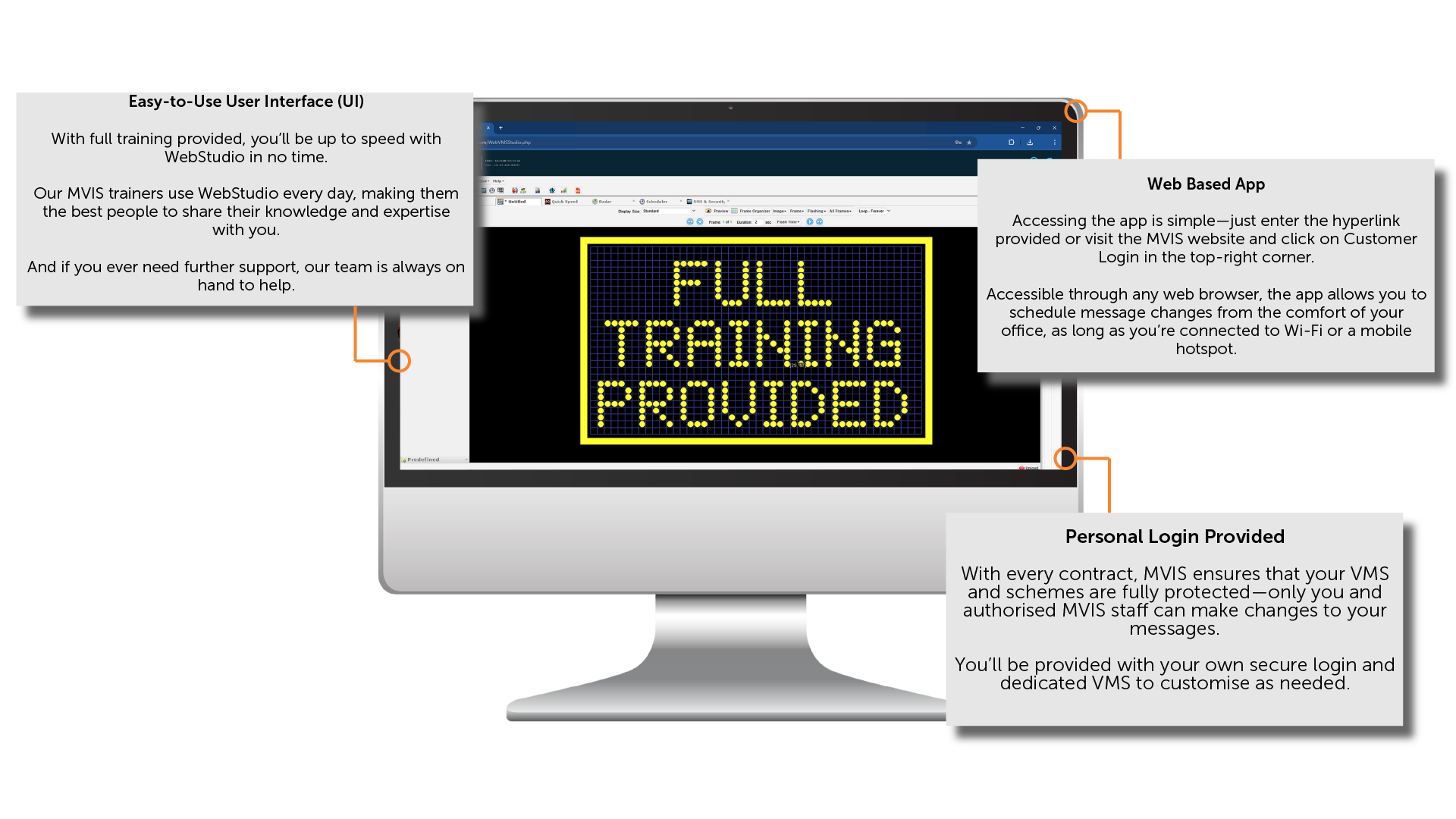 Picture of a Mac with MVIS Webstudio solution on it saying "Full training Provided" with tags detailing its easy to use User Interface, Web Based Features, and Personal Logins being provided