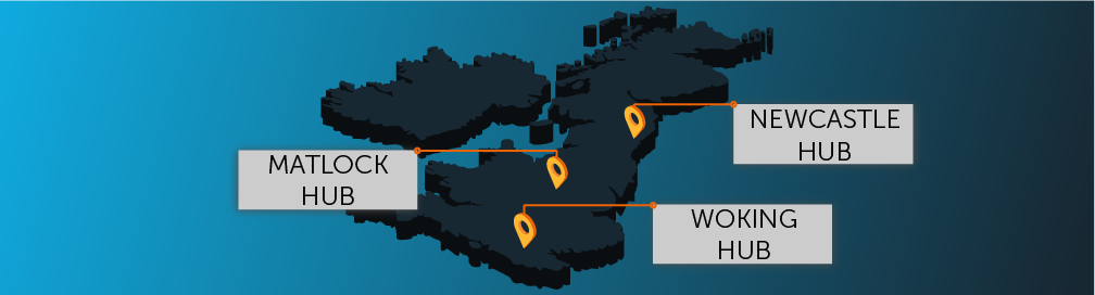 Isometric Map of the UK with three markers on it